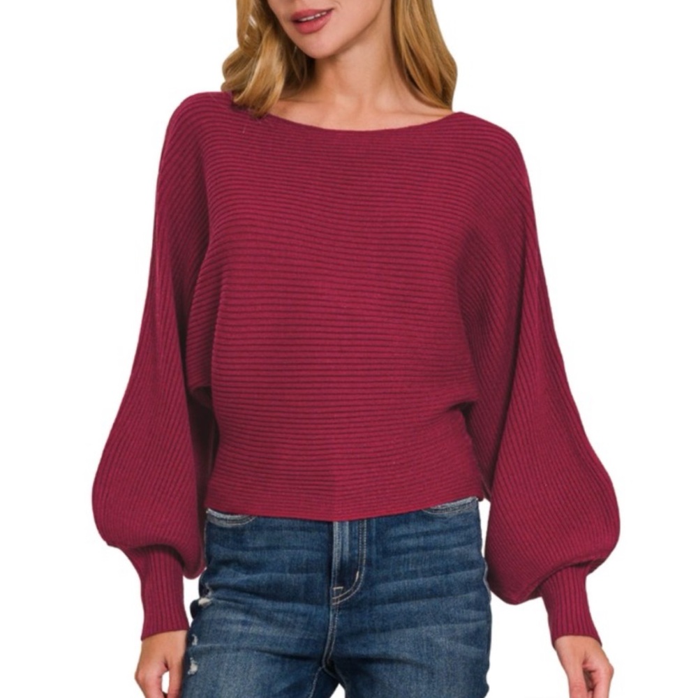 Zenana Burgundy Rib Knit Dolman Balloon Sleeve Sweater – Size L
